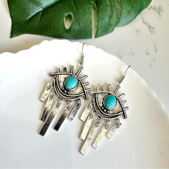 Evil Eye Dusters Stamped Metal Tassel Earrings Jewelry Boho Gift NEW - Picture 1 of 6